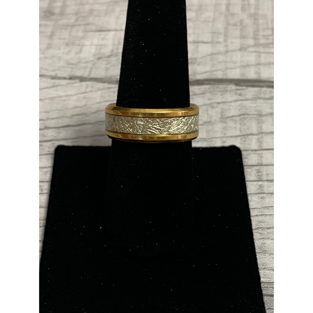Two Tone Gold Silver Textured Inlay Band Ring Size 9 Contemporary Wedding Band